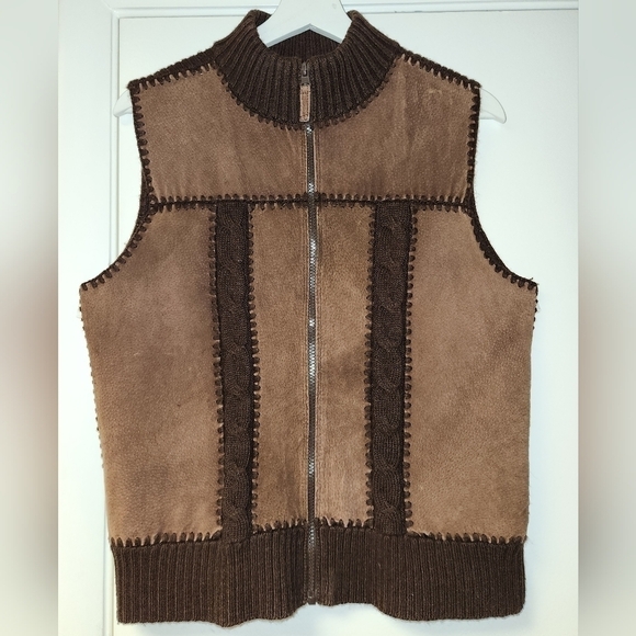 VINTAGE PLANET & COMPANY BROWN PATCH LEATHER CABLE KNIT ZIP SWEATER VEST SIZE M